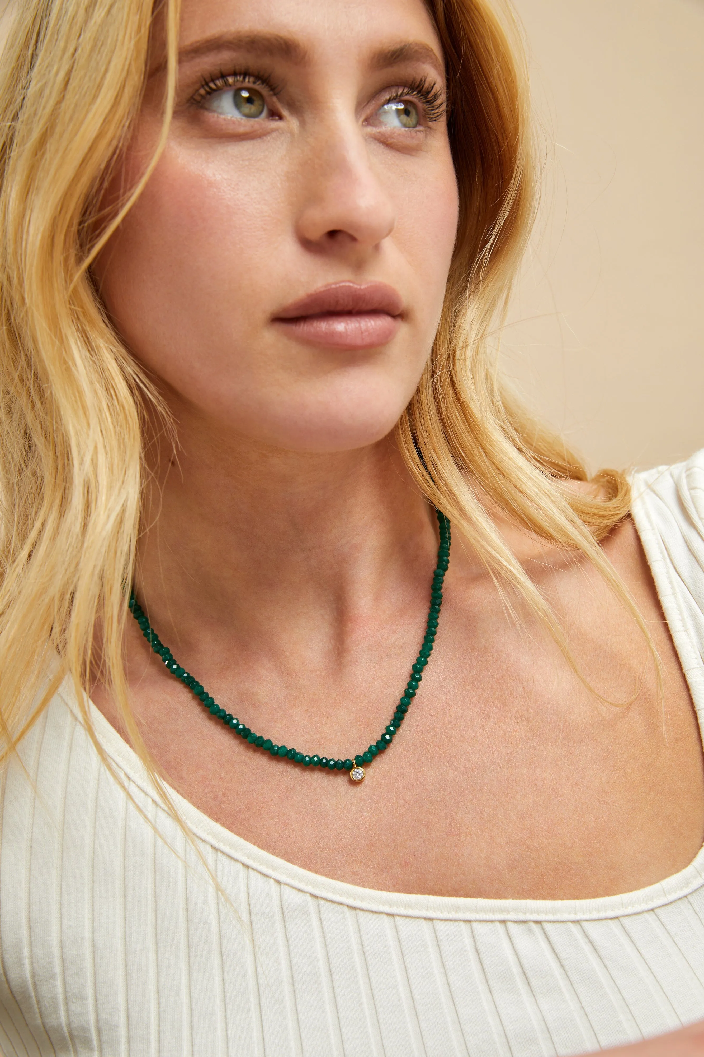 Green Jade and Diamond Necklace - 14K Yellow Gold