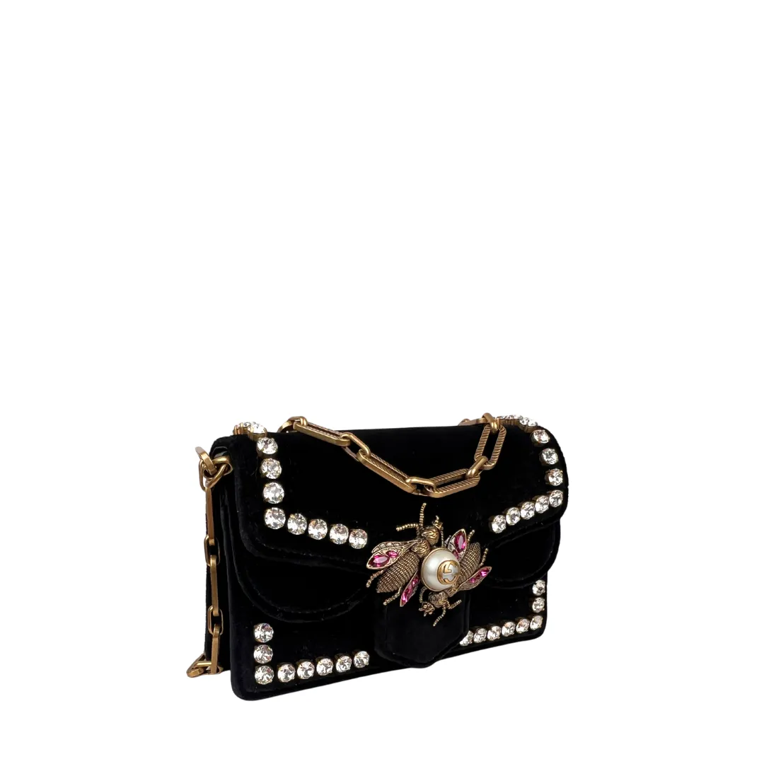 Gucci Velvet Crystal Mini Bee Broadway Shoulder Bag