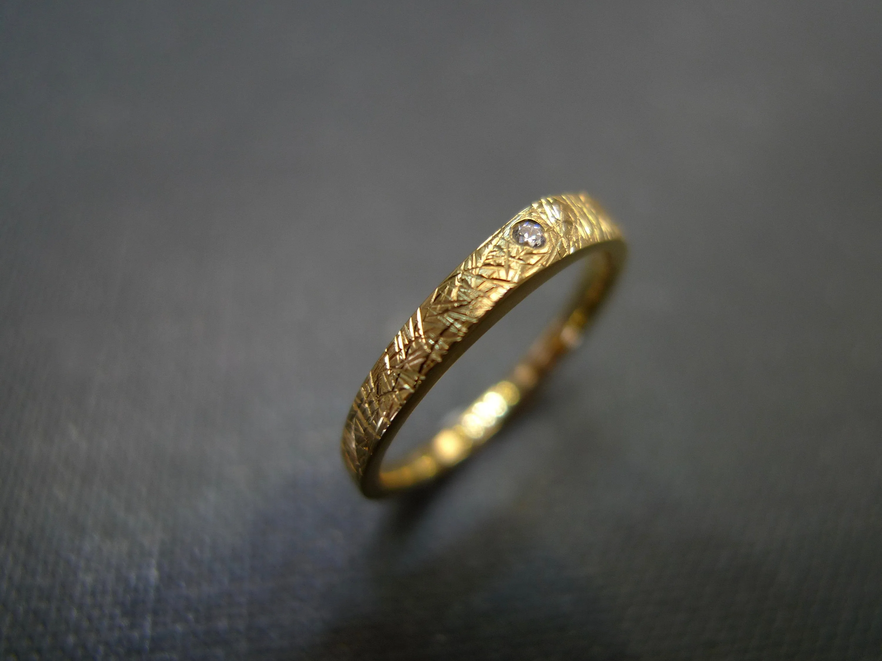 Hand Carved Diamond Wedding Ring in 18K Yellow Gold