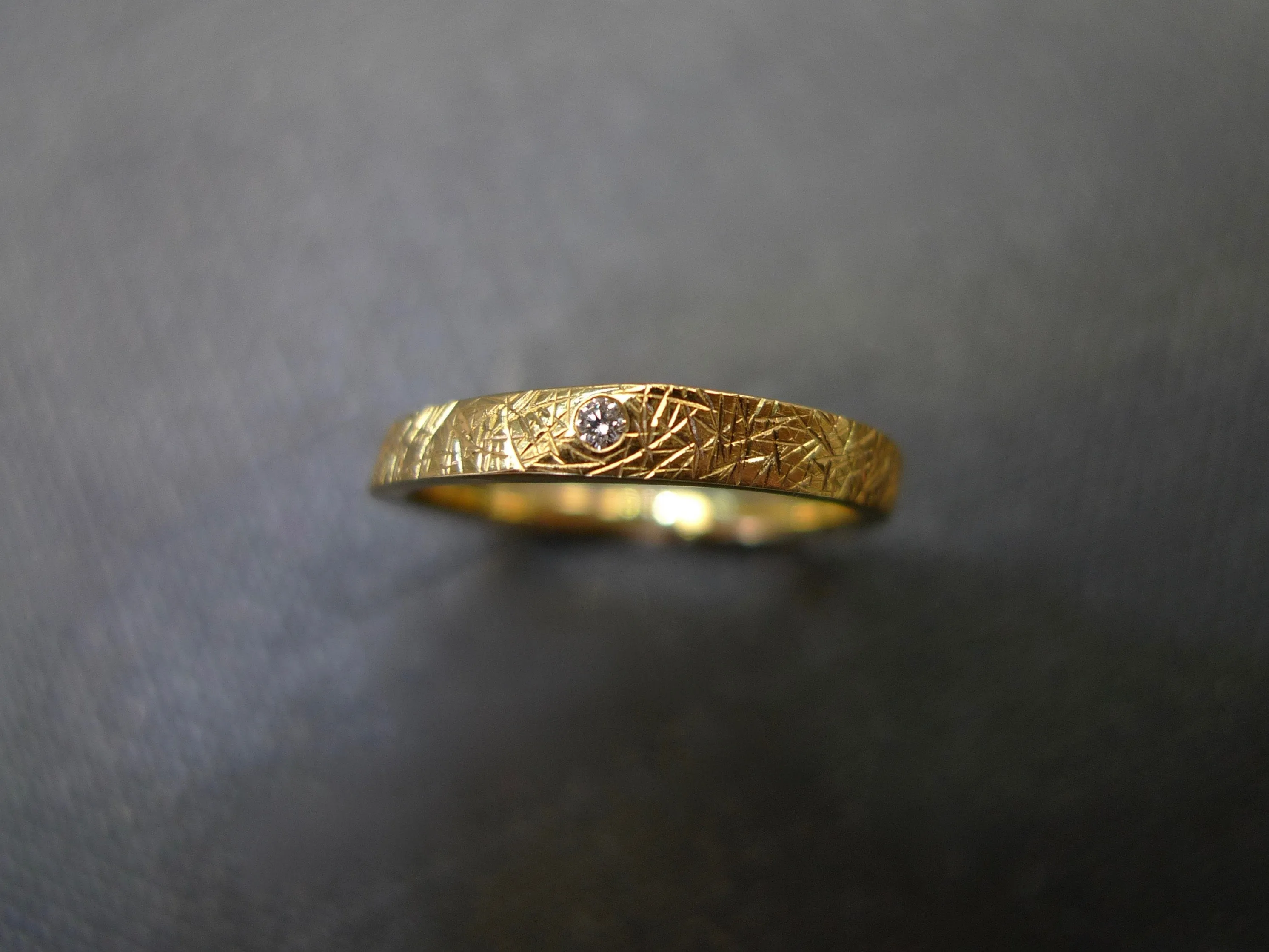 Hand Carved Diamond Wedding Ring in 18K Yellow Gold