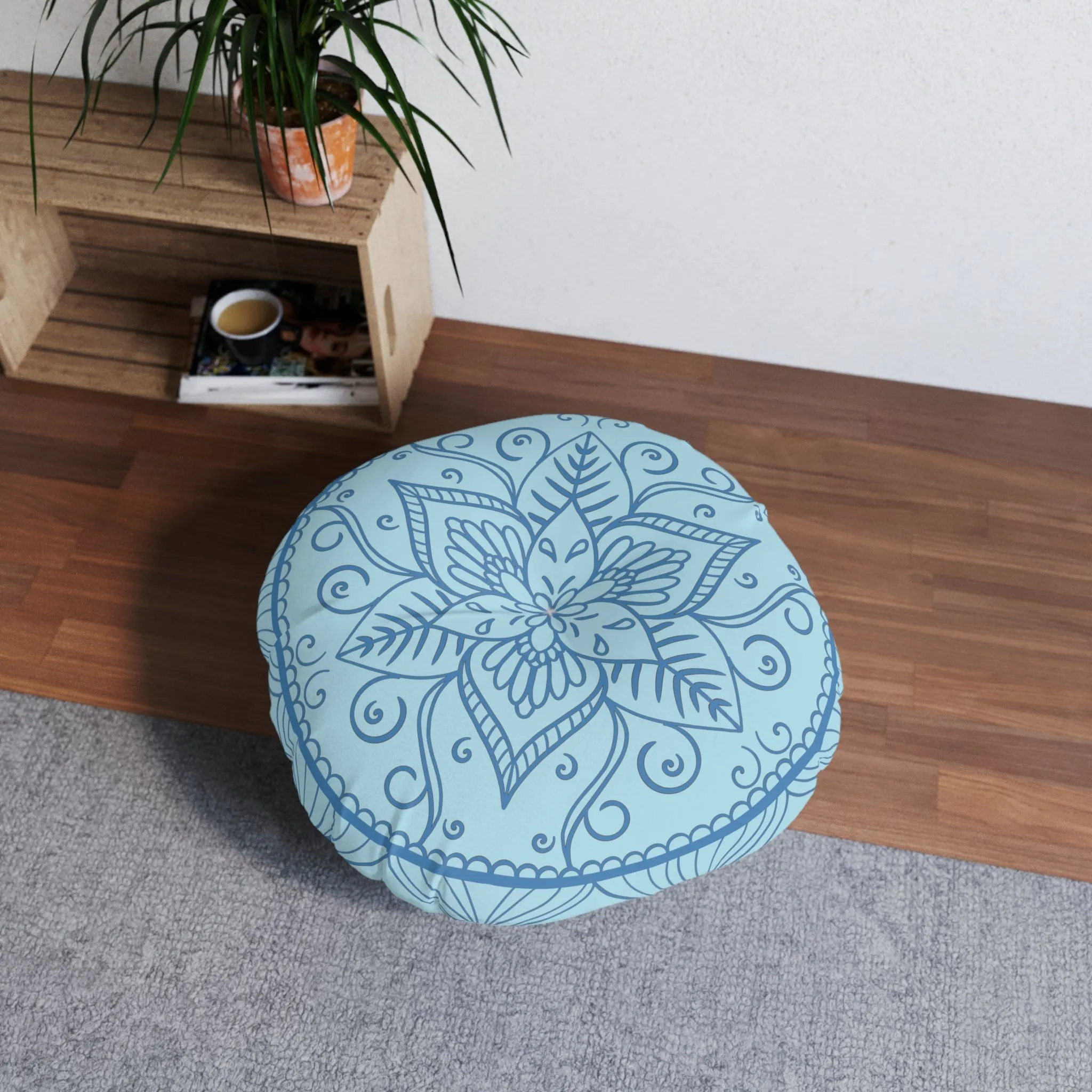 Handmade Mandala Art Floor Cushion - Steel Blue Mandala Art Design