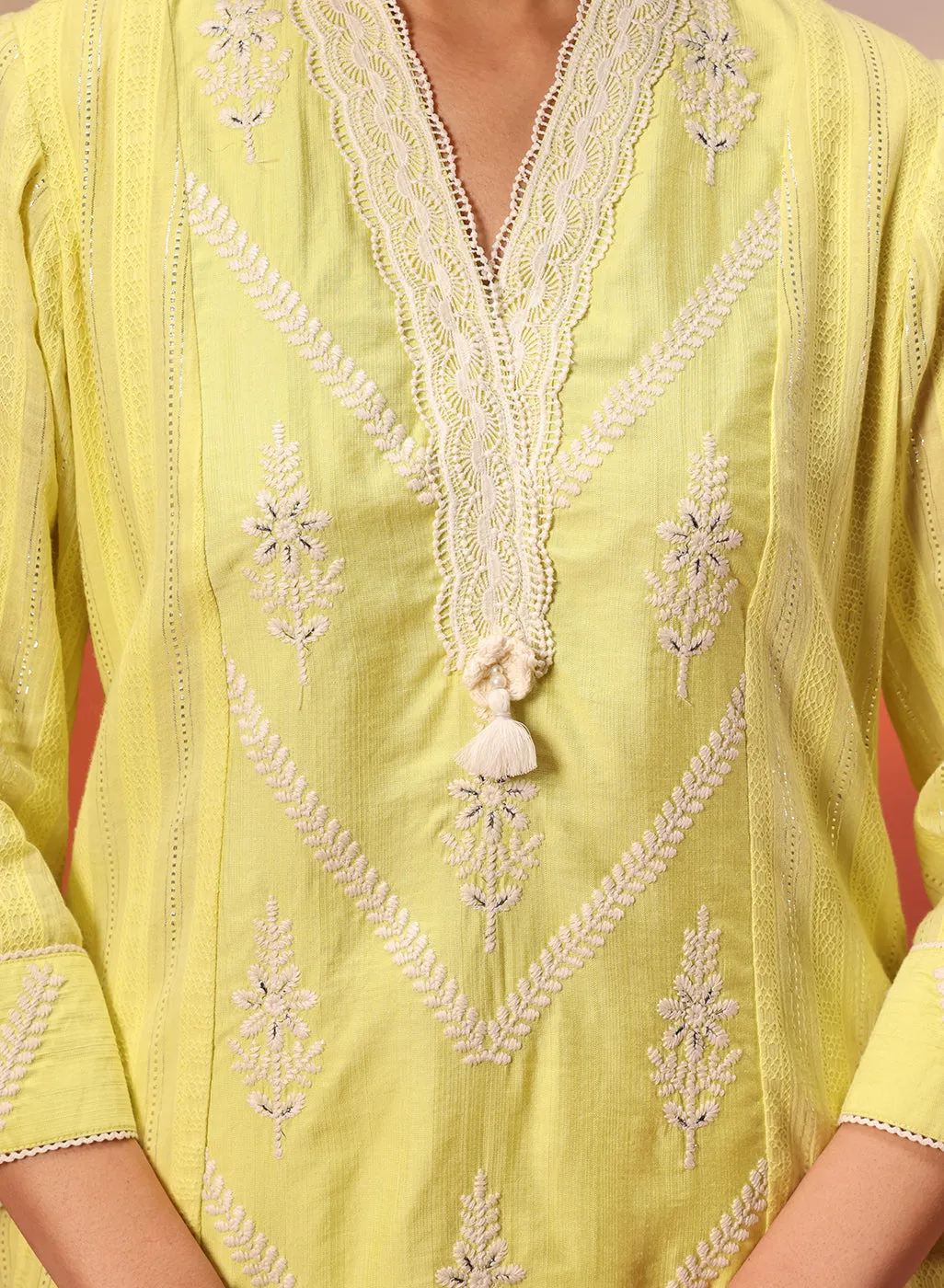 Hiba Lemon Embroidered Cotton Linen Kurta for Women