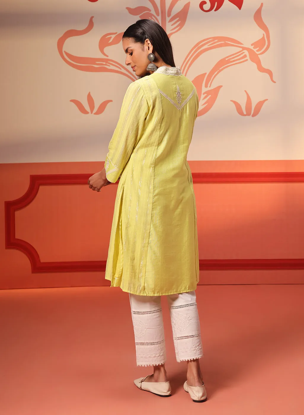 Hiba Lemon Embroidered Cotton Linen Kurta for Women