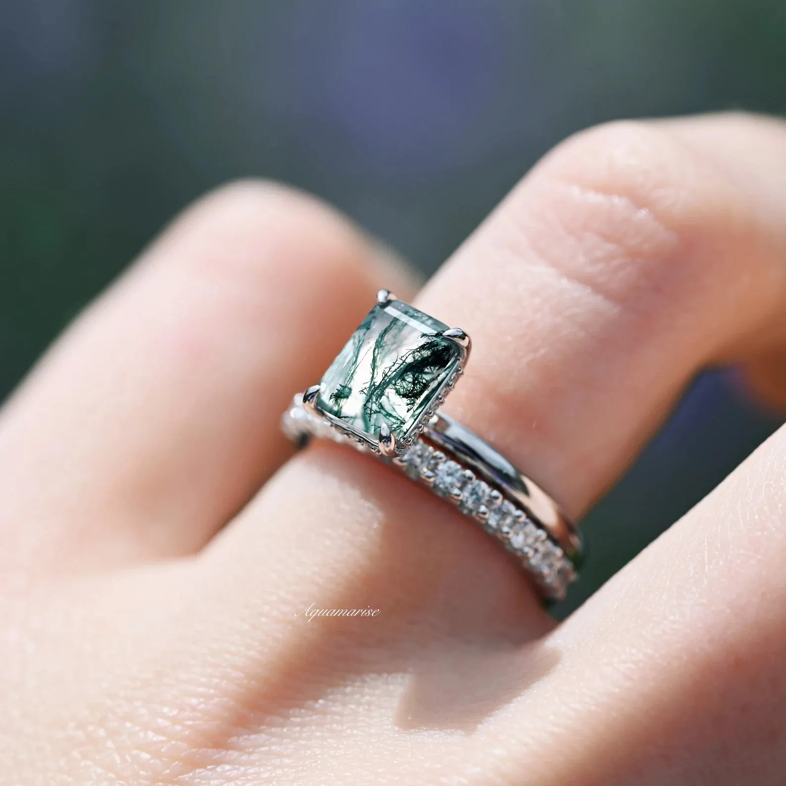 Hidden Halo Moss Agate Engagement Ring Set- Sterling Silver