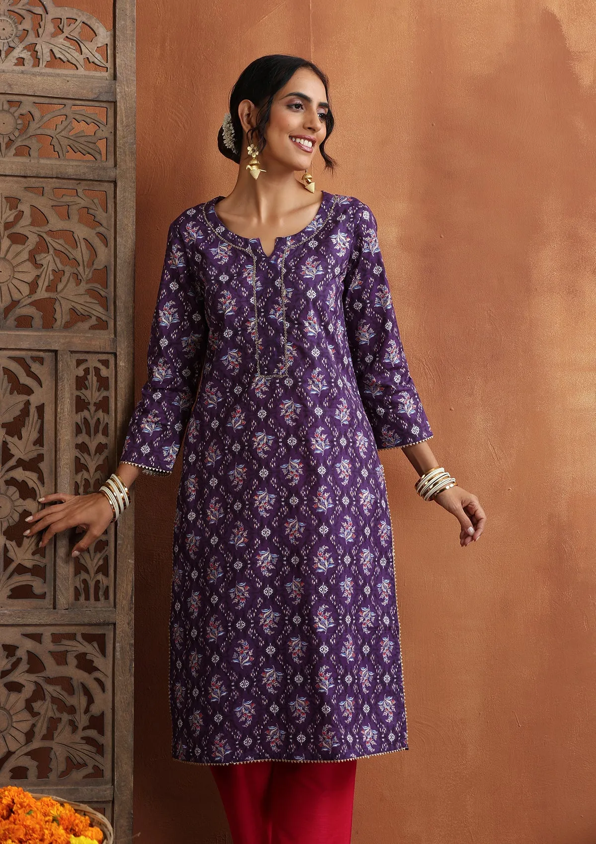 HOC Crafts Cotton hand embriodery printed Women's Long Kurta - Violet