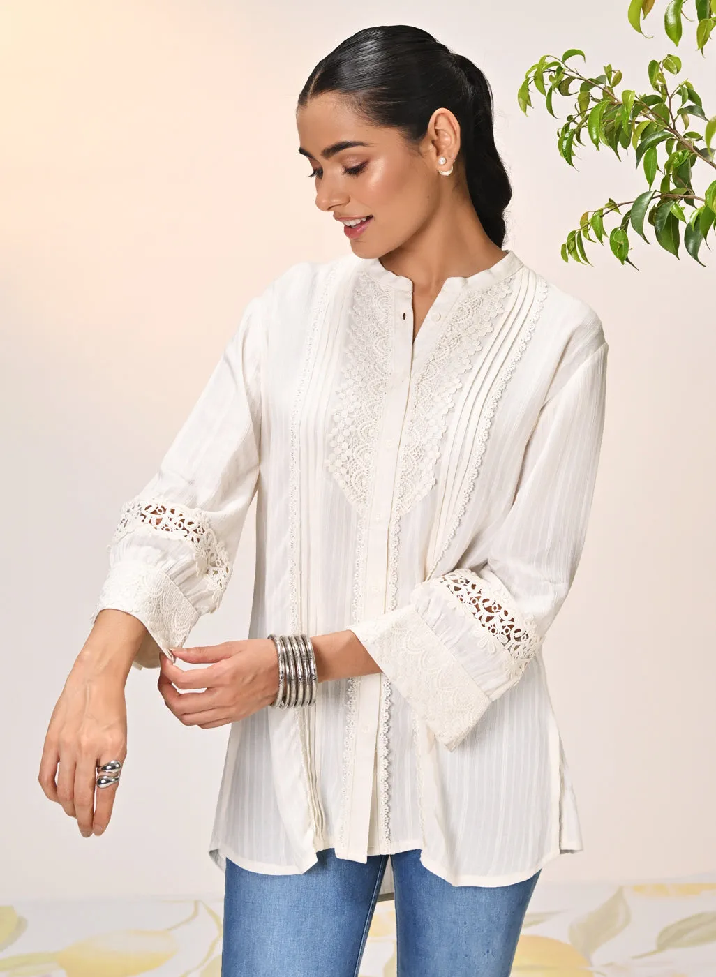 Kahkashan Ivory Embroidered Shirt for Women