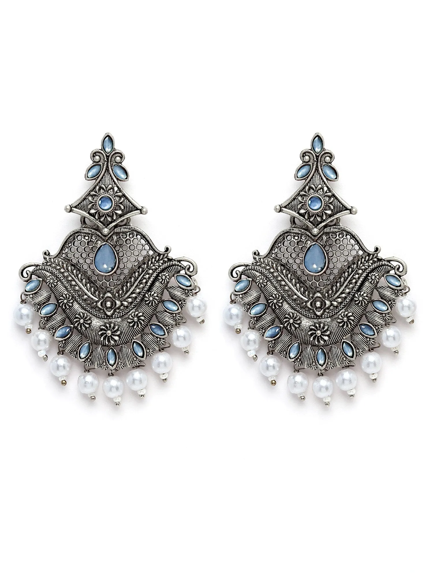 Karatcart Antique Silver Plated Blue Monalisa Stone Studded Dangler Earrings for Women