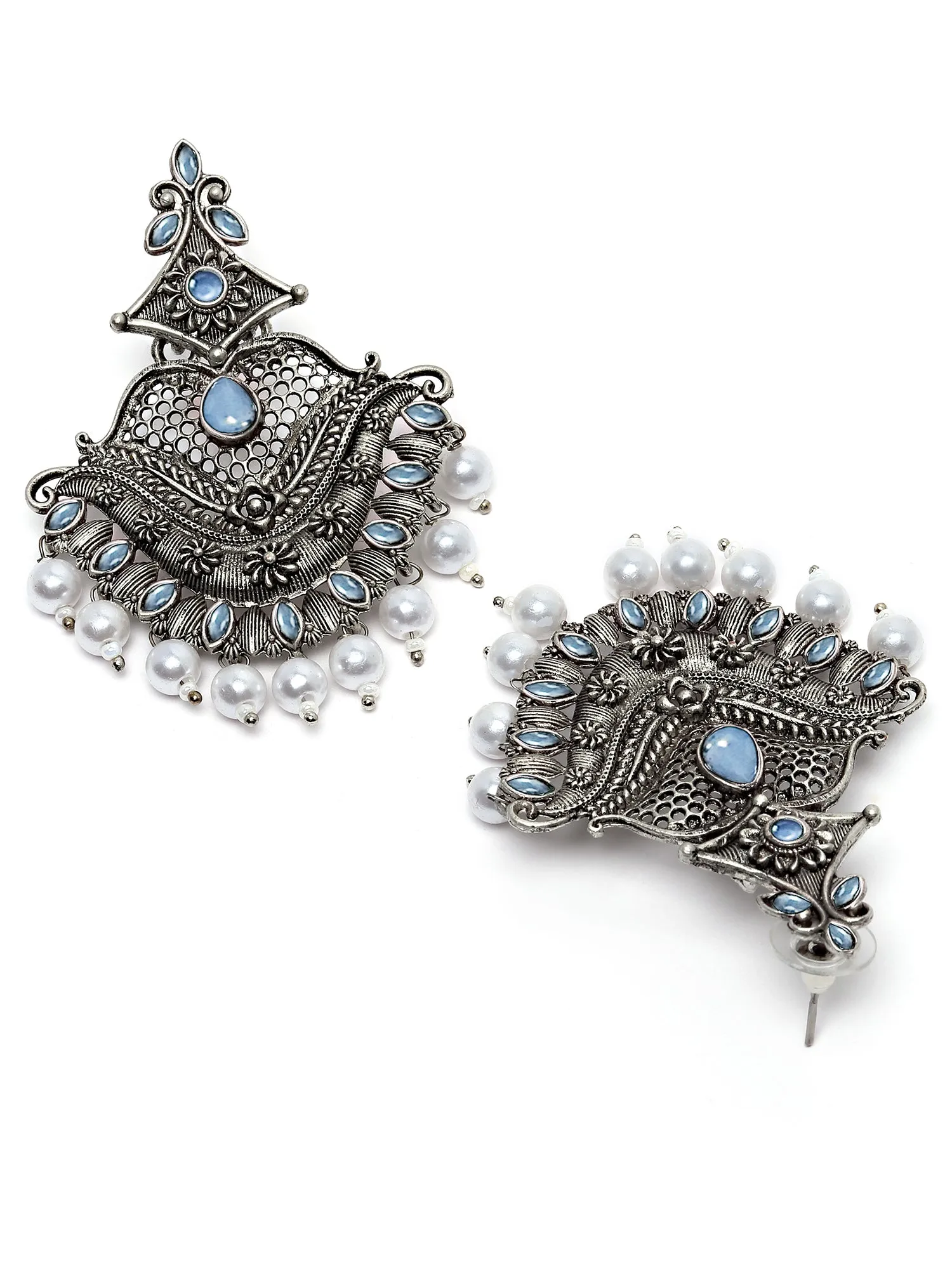 Karatcart Antique Silver Plated Blue Monalisa Stone Studded Dangler Earrings for Women