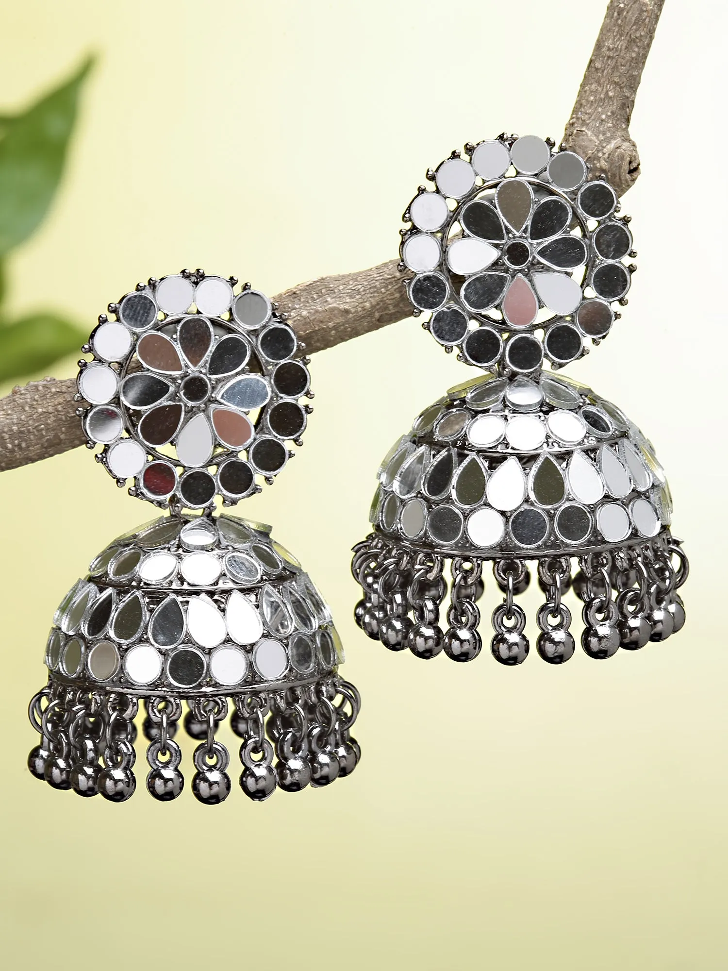 Karatcart Black Silver Plated Mirror Studded Jhumki Earrings for Women