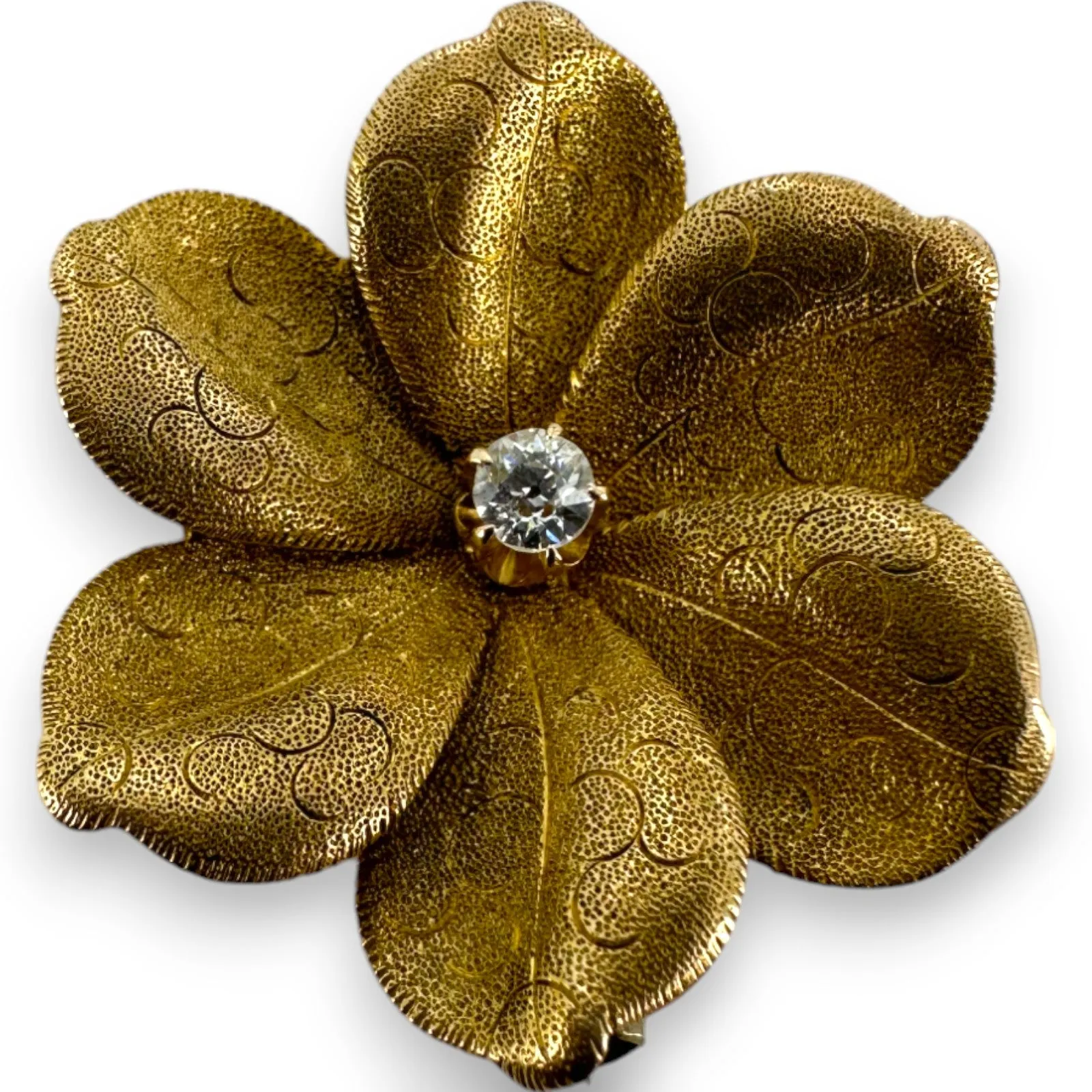 Late Victorian 1890-1900s Solid Yellow Gold 14k Flower Brooch Pin Pendant with Hinged Bale and Old European Cut Diamond Original Pinback