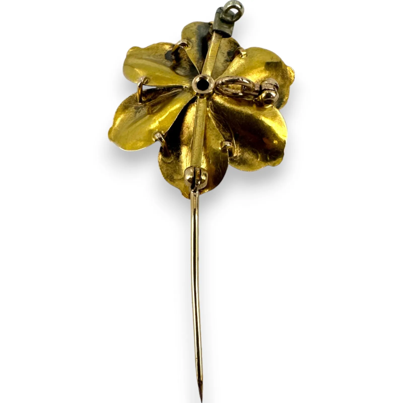 Late Victorian 1890-1900s Solid Yellow Gold 14k Flower Brooch Pin Pendant with Hinged Bale and Old European Cut Diamond Original Pinback