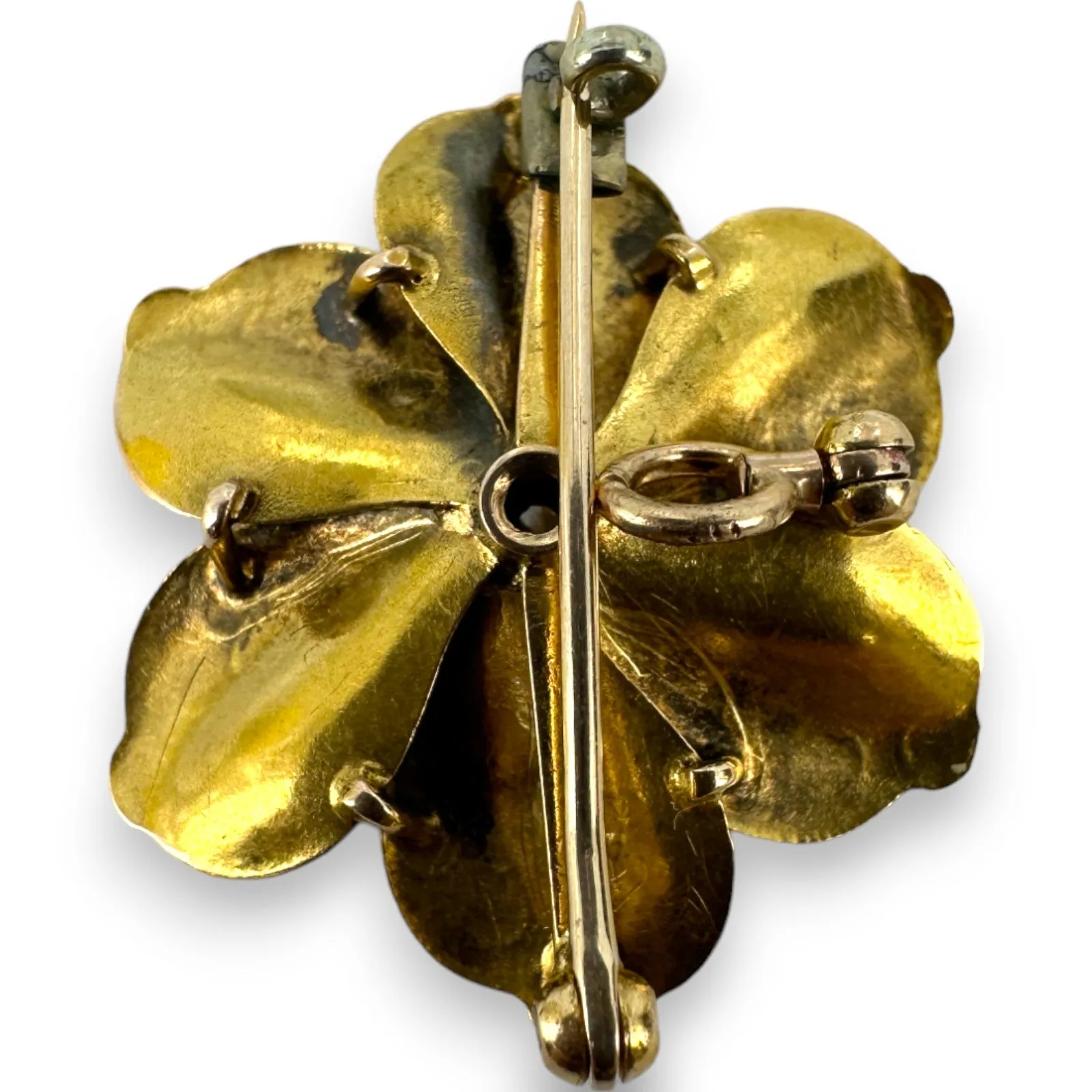 Late Victorian 1890-1900s Solid Yellow Gold 14k Flower Brooch Pin Pendant with Hinged Bale and Old European Cut Diamond Original Pinback