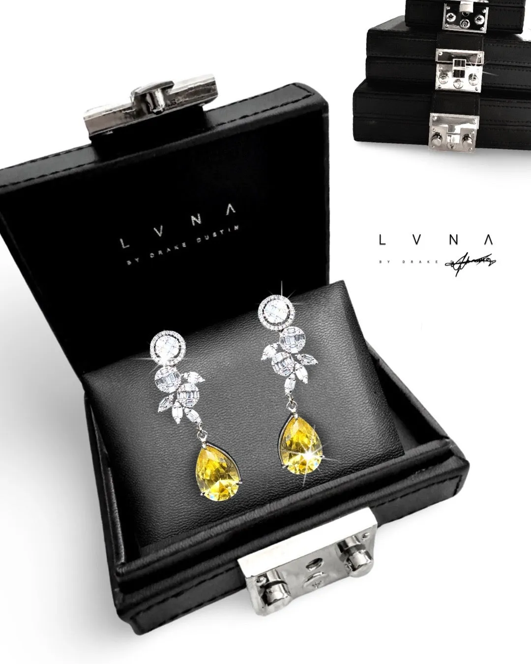 #LVNA2024 | 8.00ct / 8.00ct Yellow Gem-Grade Pear Brilliant Citrine Gemstones Dangling Diamond Earrings 18kt