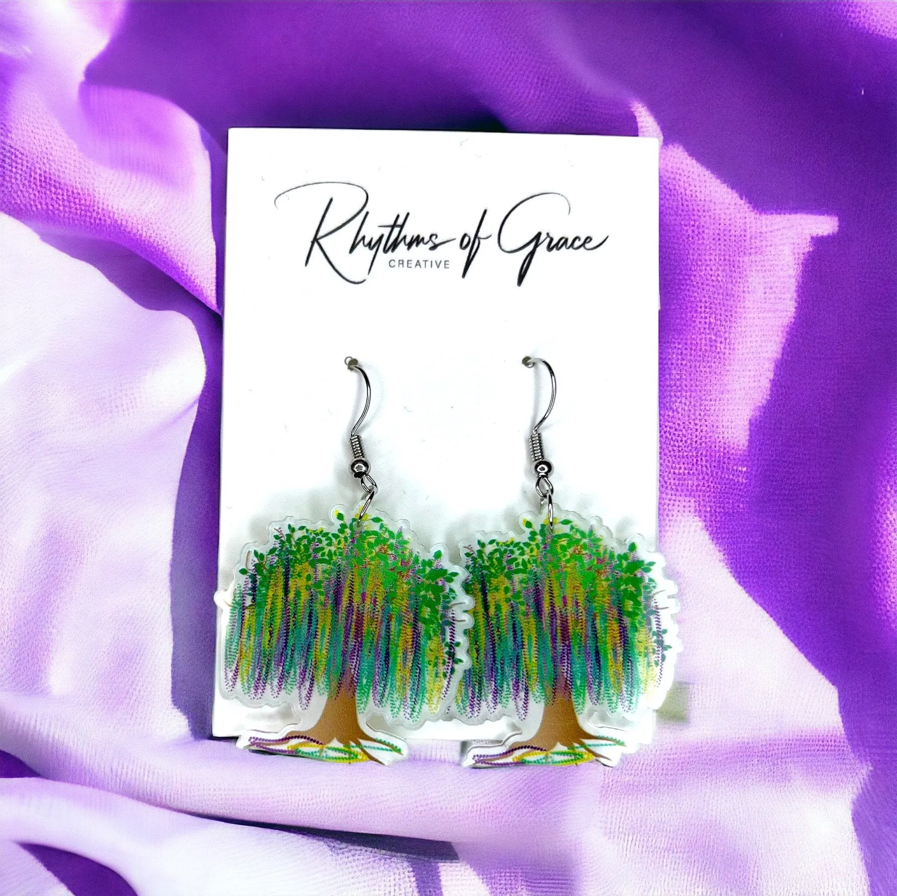 Mardi Gras Earrings - Handmade Jewelry, Bead Tree, New Orleans, Purple Green Gold, Mardi Gras Jewelry, Parade Outfit, Mardi Gras Tree