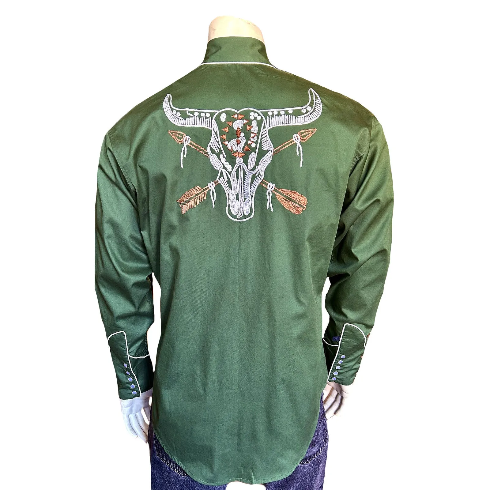 Men’s Vintage Green Steer Skull & Arrow Chain Stitch Embroidery Western Shirt