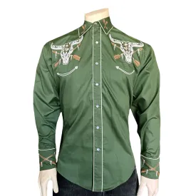 Men’s Vintage Green Steer Skull & Arrow Chain Stitch Embroidery Western Shirt