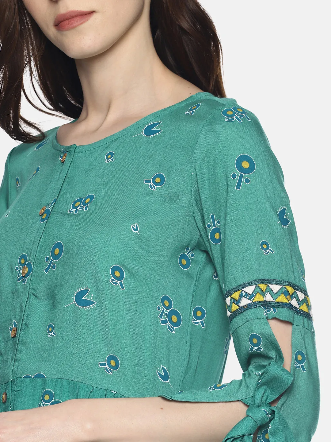 Mint Printed Dress With Embroidered Sleeves