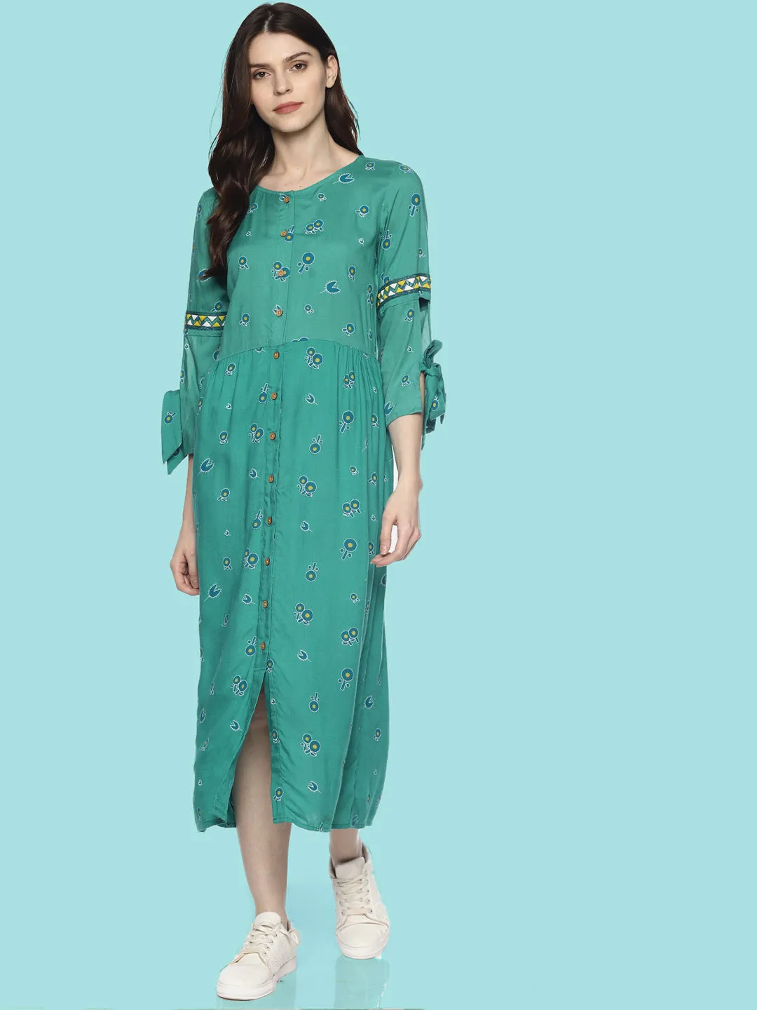 Mint Printed Dress With Embroidered Sleeves