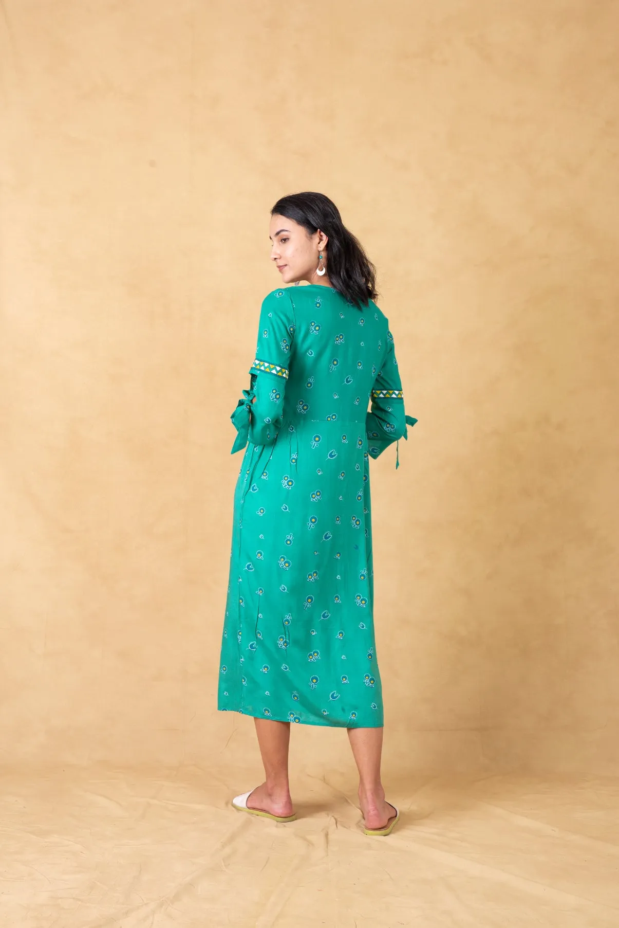 Mint Printed Dress With Embroidered Sleeves