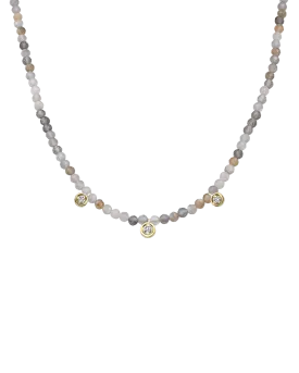 Moonstone Gemstone & Three diamonds Necklace - 14K Yellow Gold