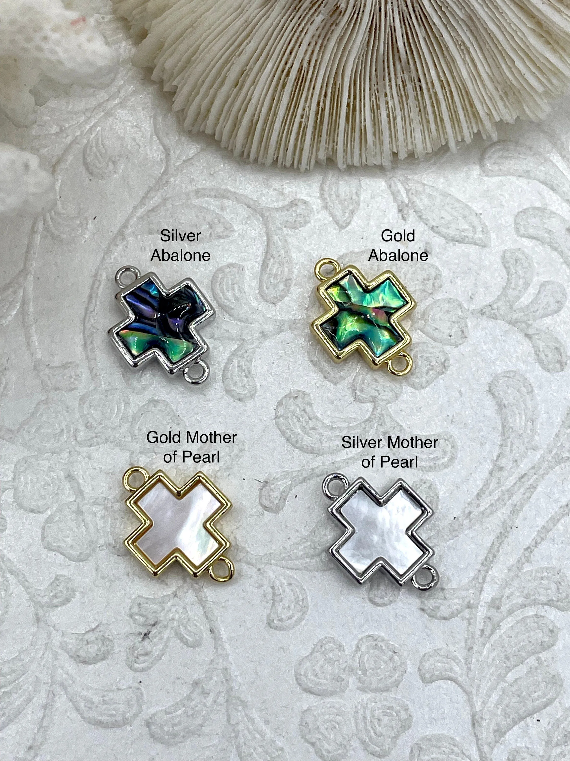 Mother of Pearl and Abalone Connector Cross Charms, Abalone Charms, Gold or Silver Plated Brass, Mother of Pearl Connector Charms, Fast Ship