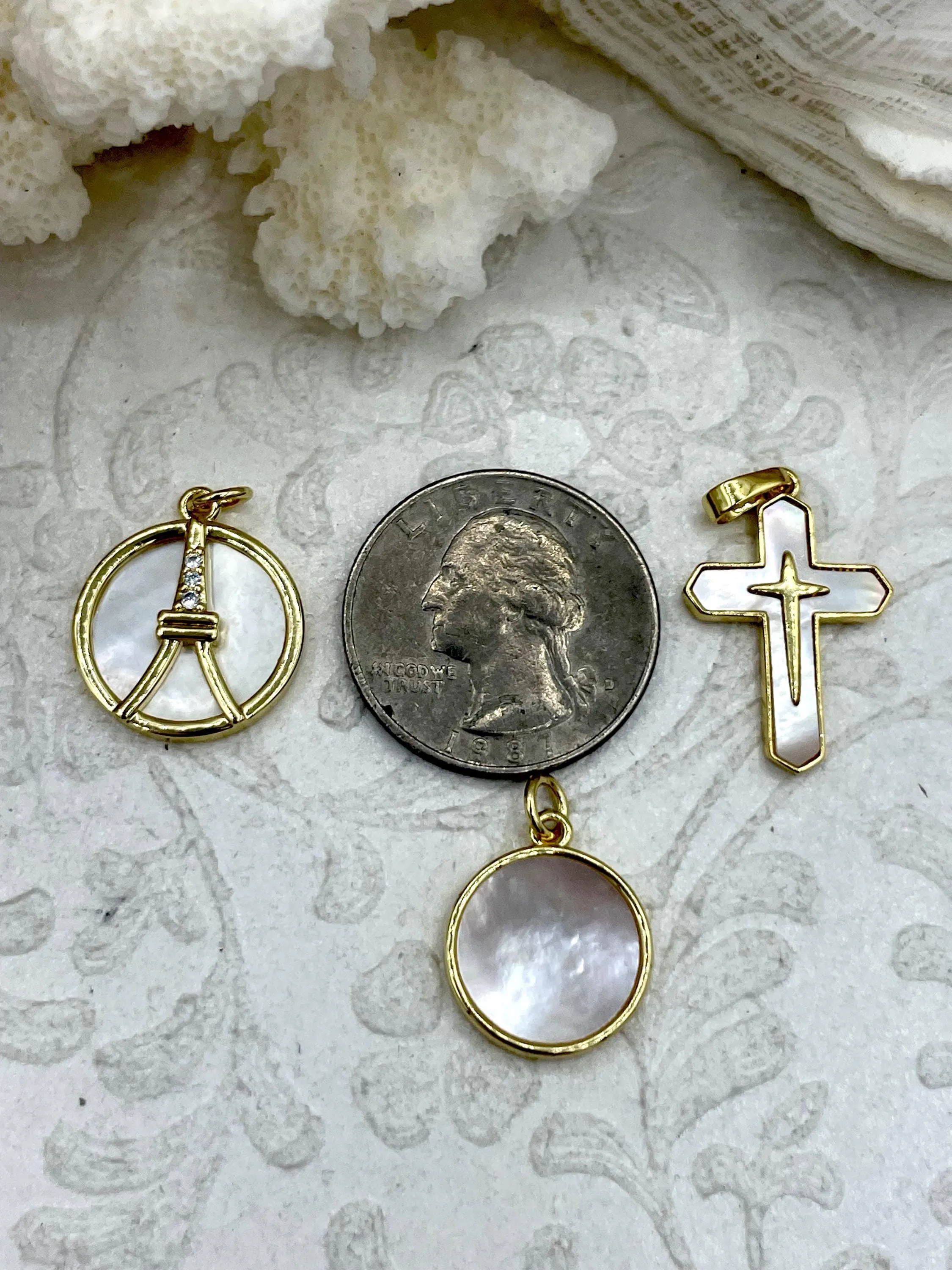 Mother of Pearl Charms, 3 styles, Round, Eiffel Tower, and Cross, French Charms, Religious Charm, Cubic Zirconia, Mother of Pearl, Fast Ship