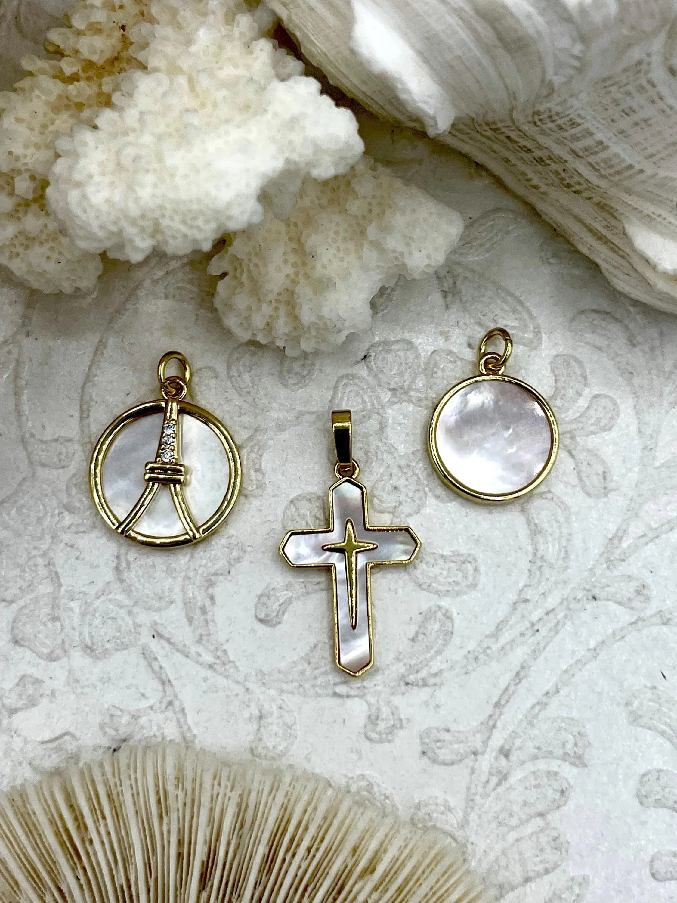 Mother of Pearl Charms, 3 styles, Round, Eiffel Tower, and Cross, French Charms, Religious Charm, Cubic Zirconia, Mother of Pearl, Fast Ship