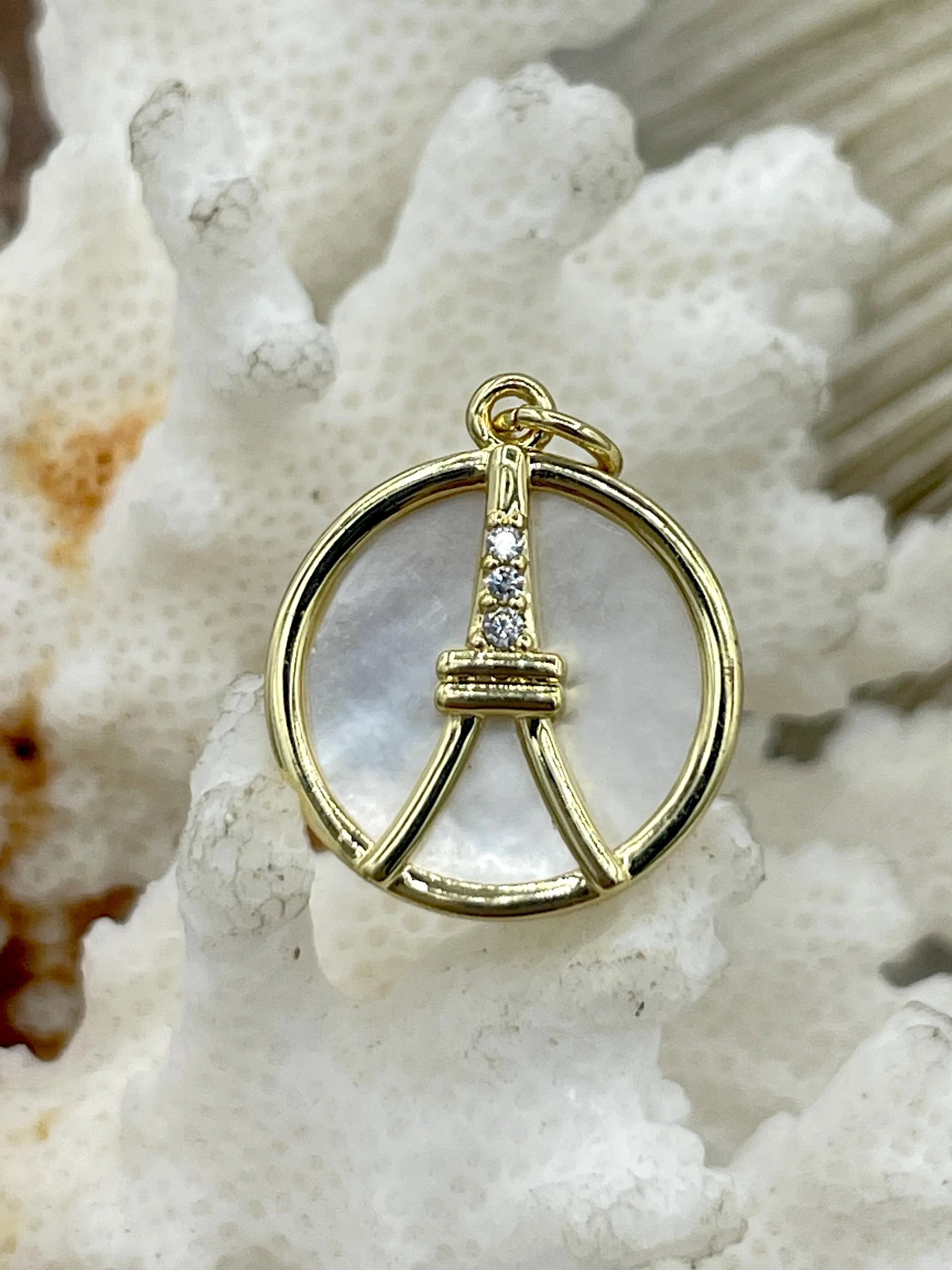 Mother of Pearl Charms, 3 styles, Round, Eiffel Tower, and Cross, French Charms, Religious Charm, Cubic Zirconia, Mother of Pearl, Fast Ship