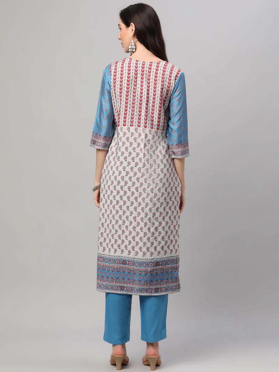 Off White Blue Floral Printed Kurta Trouser Dupatta