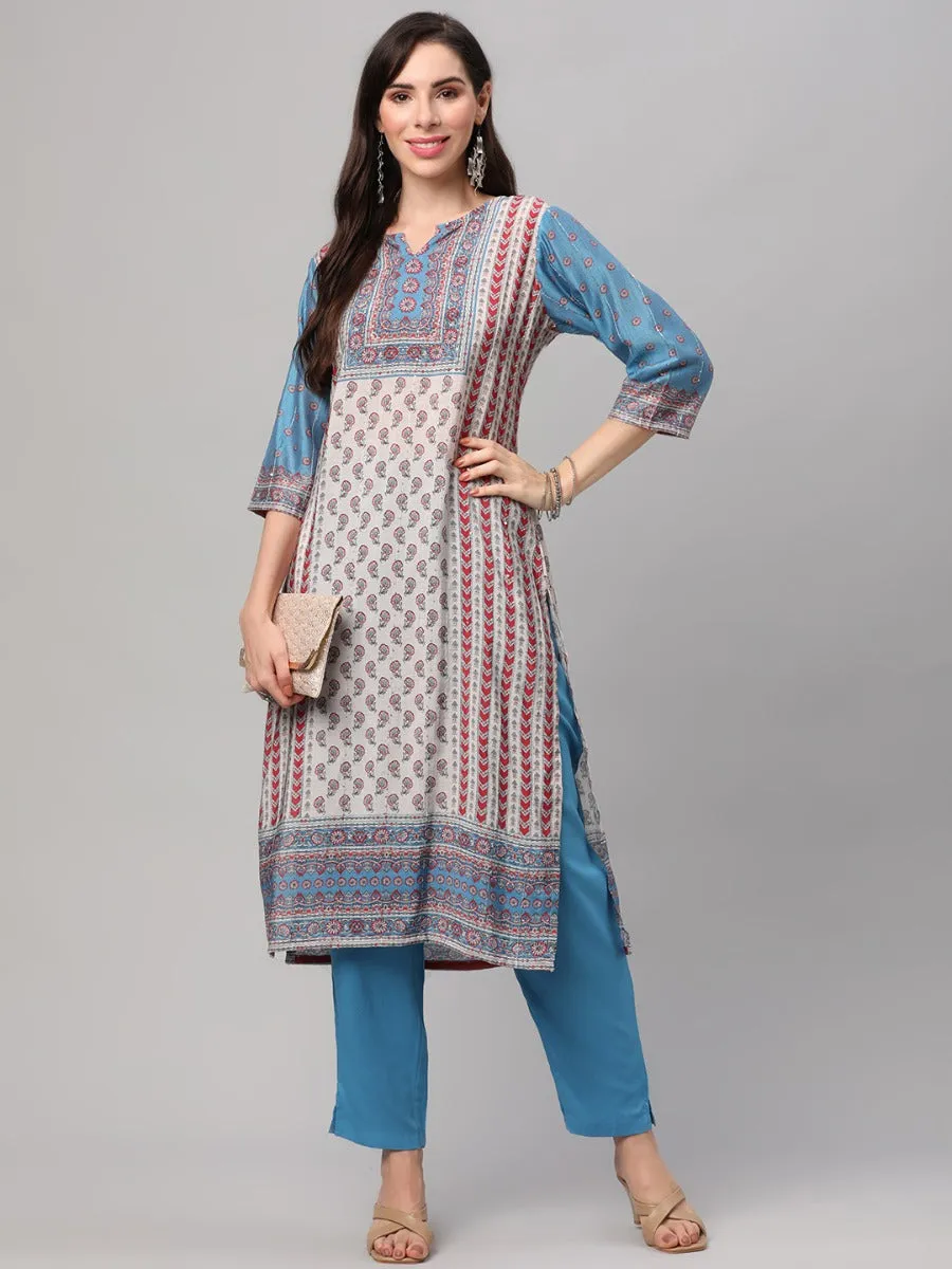 Off White Blue Floral Printed Kurta Trouser Dupatta