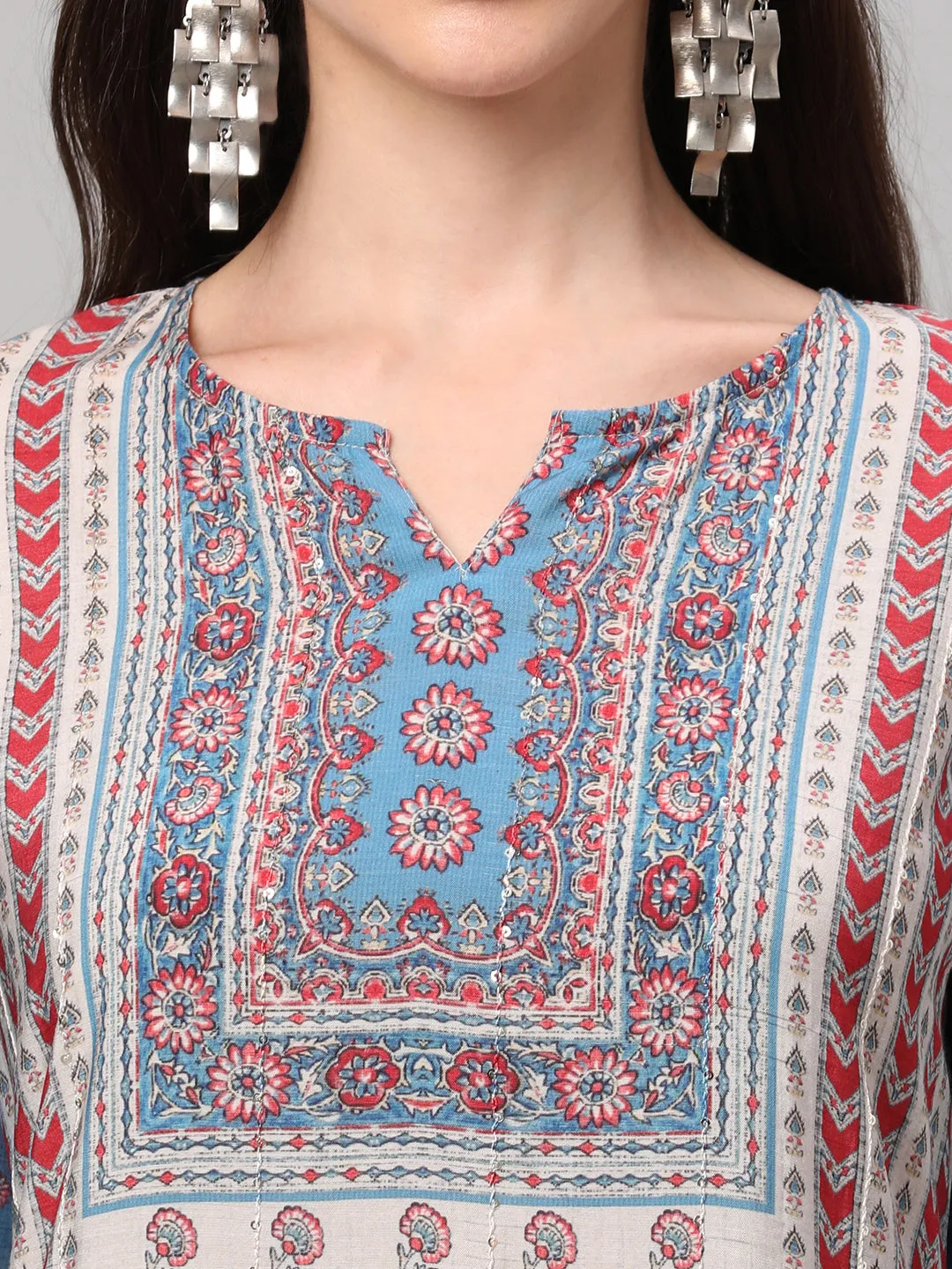 Off White Blue Floral Printed Kurta Trouser Dupatta