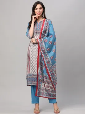 Off White Blue Floral Printed Kurta Trouser Dupatta