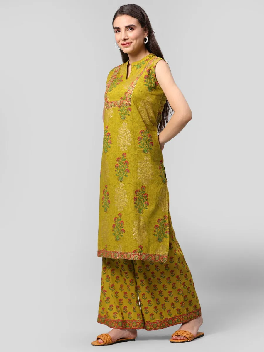 Olive Green Floral Printed Kurta Palazzo Dupatta