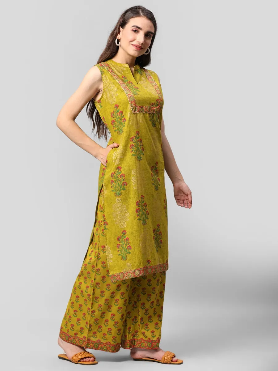 Olive Green Floral Printed Kurta Palazzo Dupatta