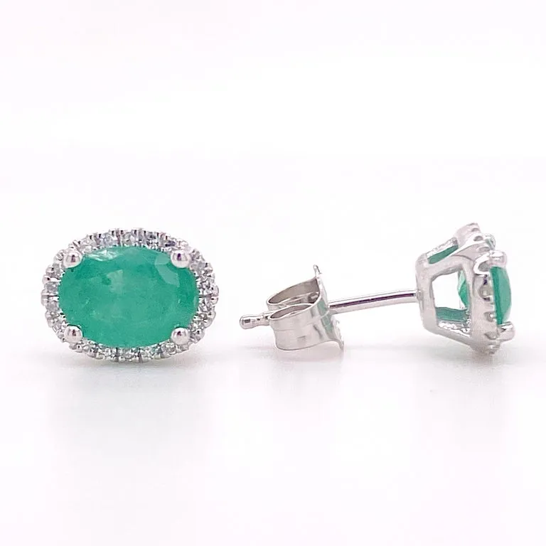 Oval Emerald and Diamond Halo Studs