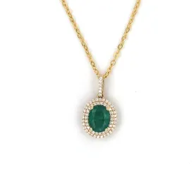 Oval Emerald Pendant with a Double Diamond Halo