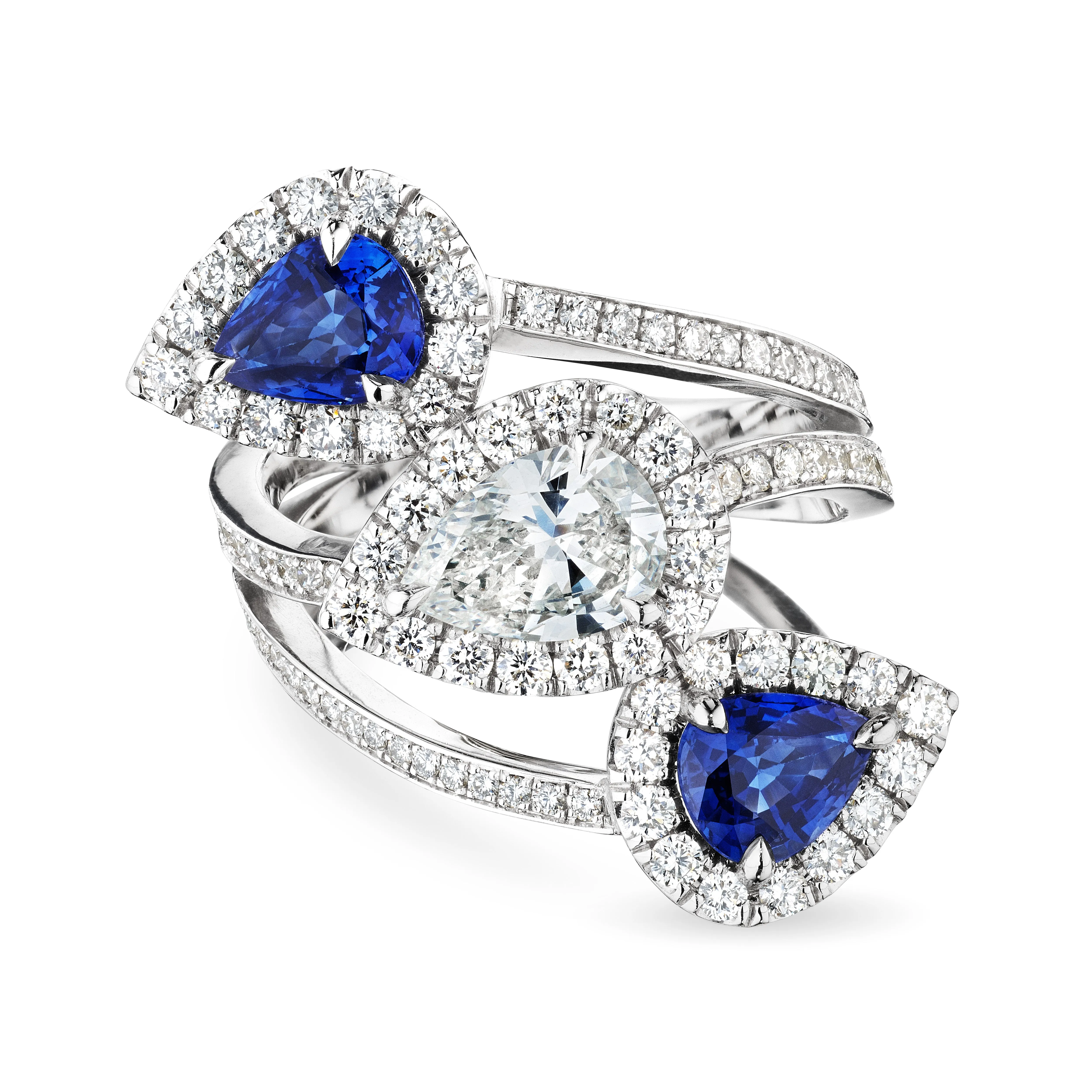 Pear Shape Diamond Spiral Ring with Sapphires, 0.8 CT