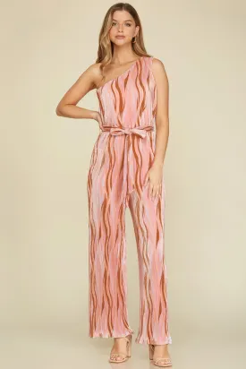 PRINTED PLISSE ONE SHOULDER JUMPSUIT