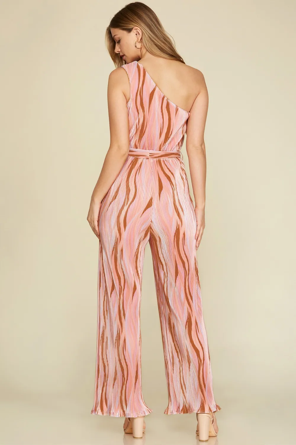 PRINTED PLISSE ONE SHOULDER JUMPSUIT