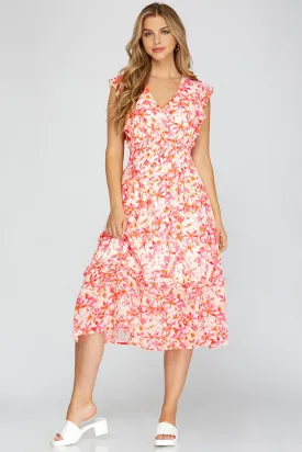 PRINTED WOVEN MIDI DRESS | FLORAL PINK