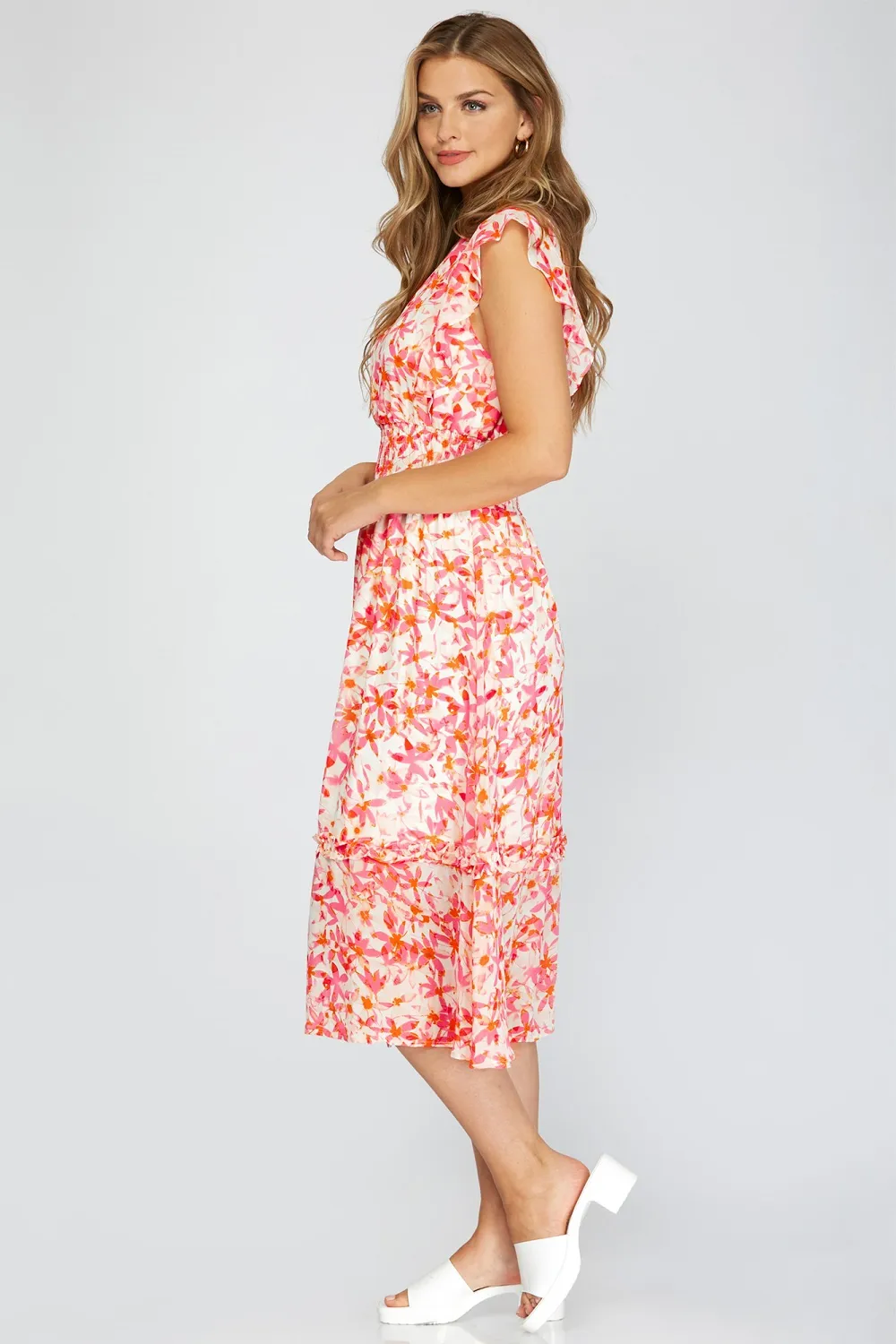 PRINTED WOVEN MIDI DRESS | FLORAL PINK