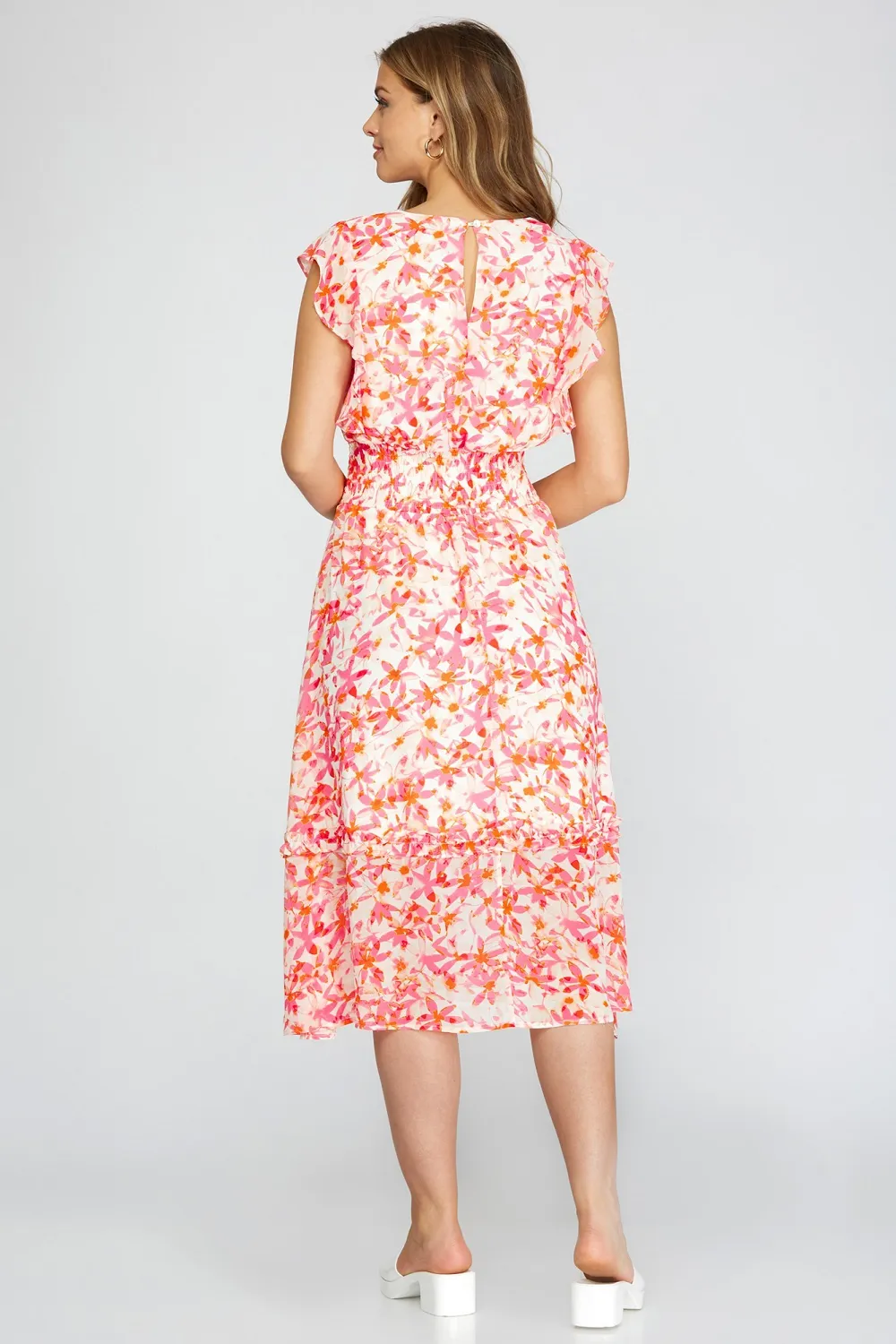 PRINTED WOVEN MIDI DRESS | FLORAL PINK