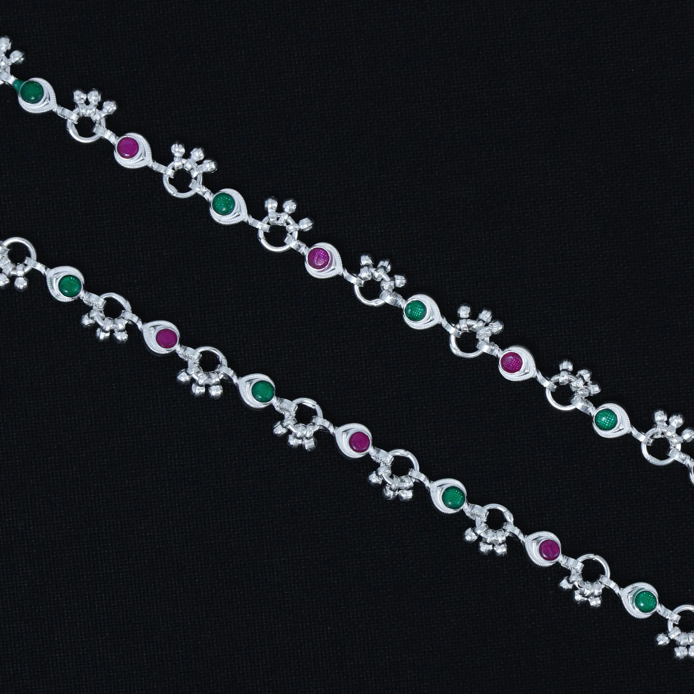 Purple and Green Stone Silver Payal with Ghungroo