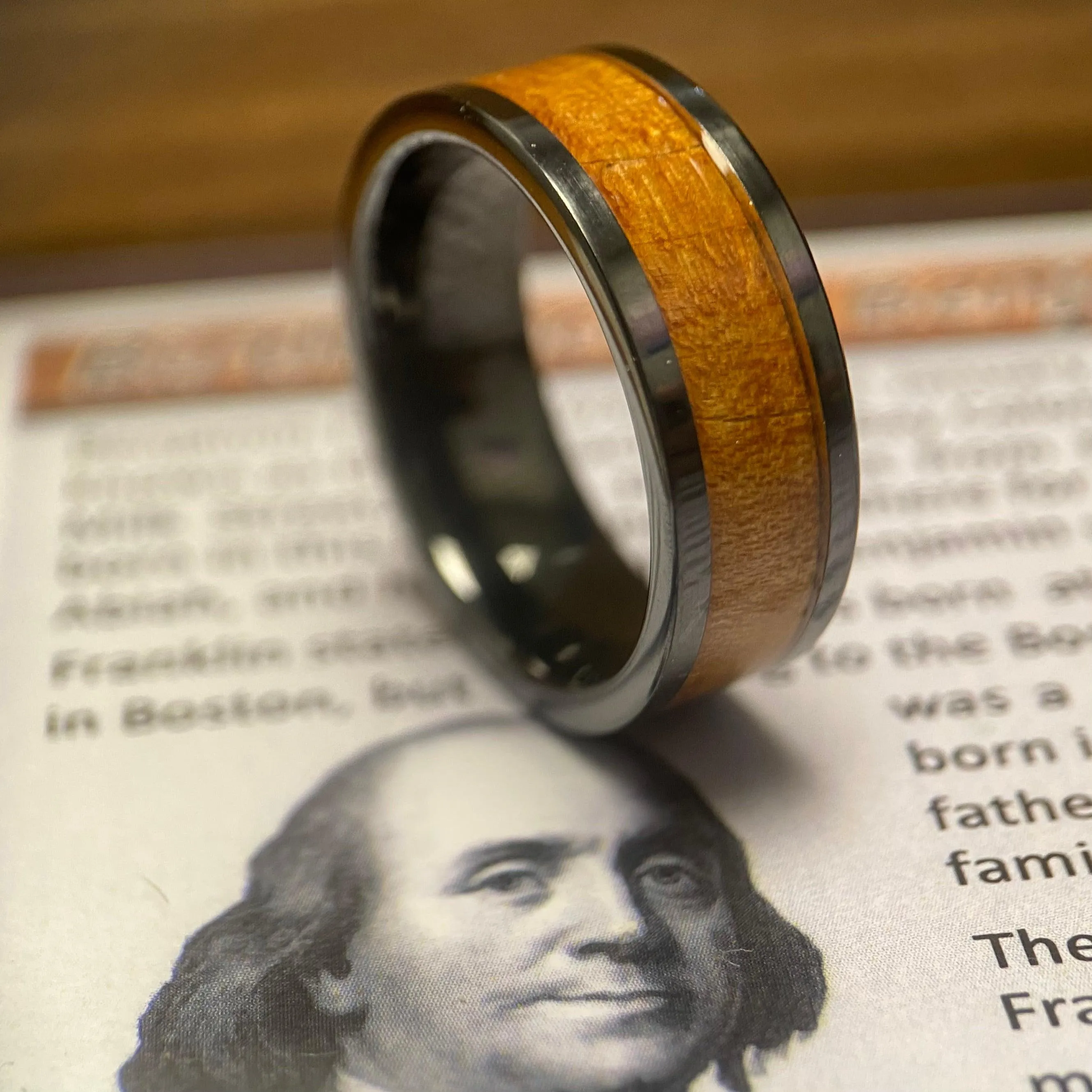 "The Franklin"100% USA Made Black Ceramic Ring With Wood From Ben Franklins Home