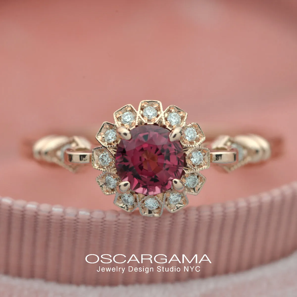 Red Garnet Sunny Round Halo Engagement Ring Vintage Inspired