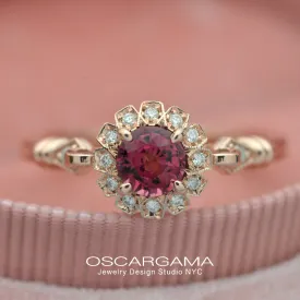 Red Garnet Sunny Round Halo Engagement Ring Vintage Inspired