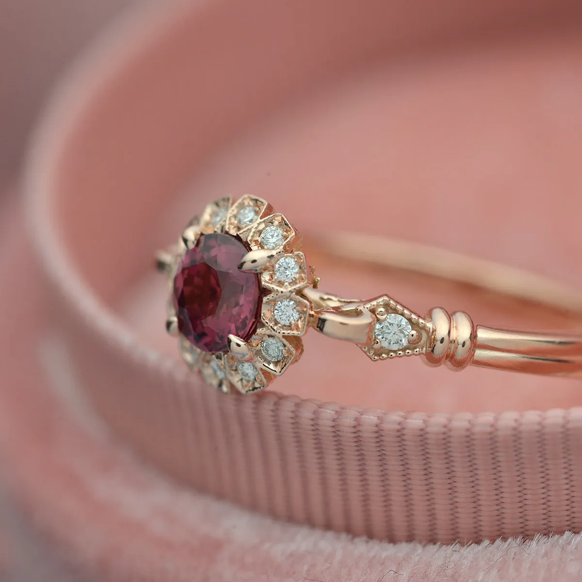 Red Garnet Sunny Round Halo Engagement Ring Vintage Inspired