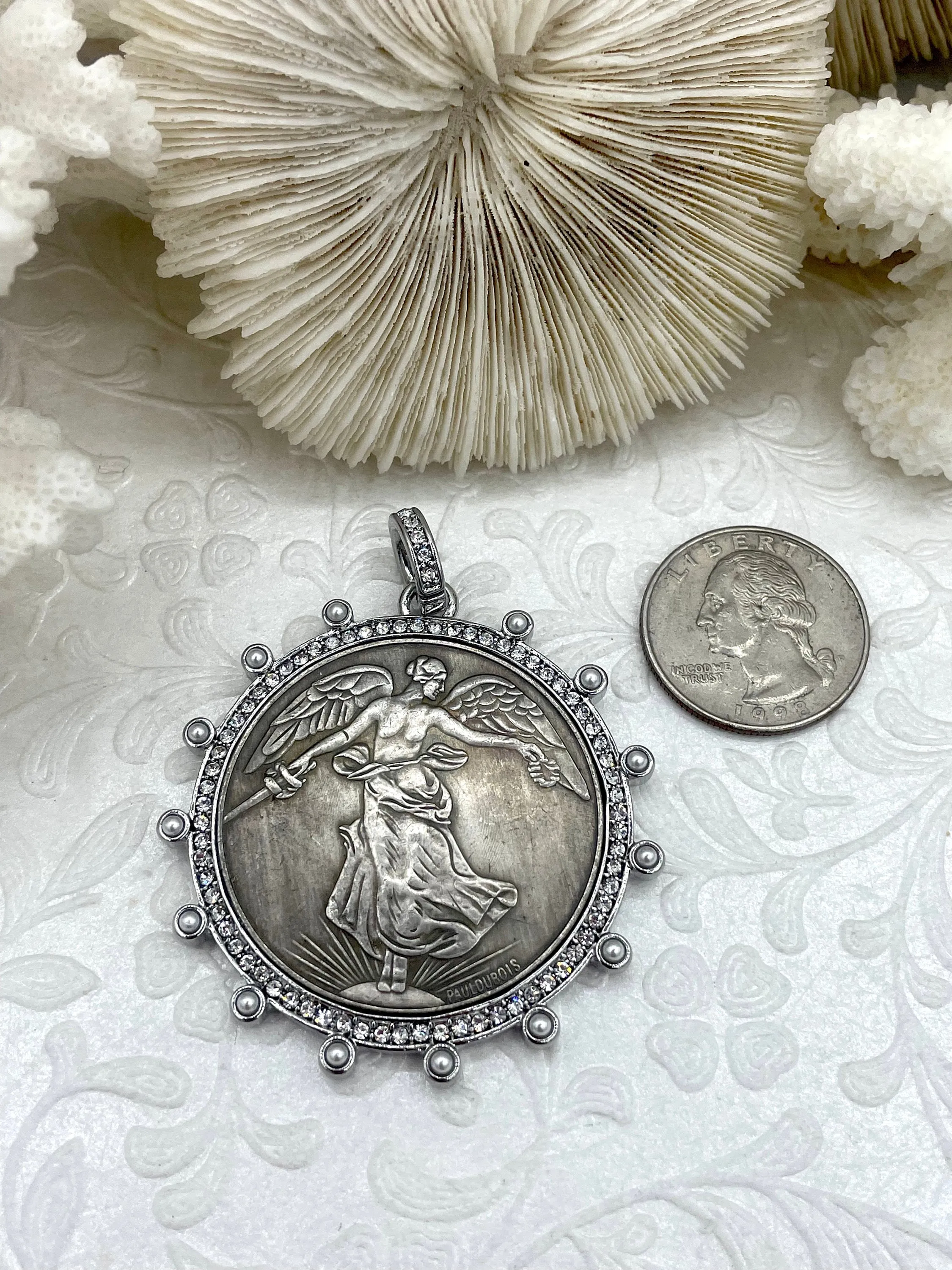 Reproduction French Commemorative Medal Coin Pendant, French coin, Art Deco Coin, Antique Coin Bezel W/Pearl & CZ 2 Styles. Fast Ship