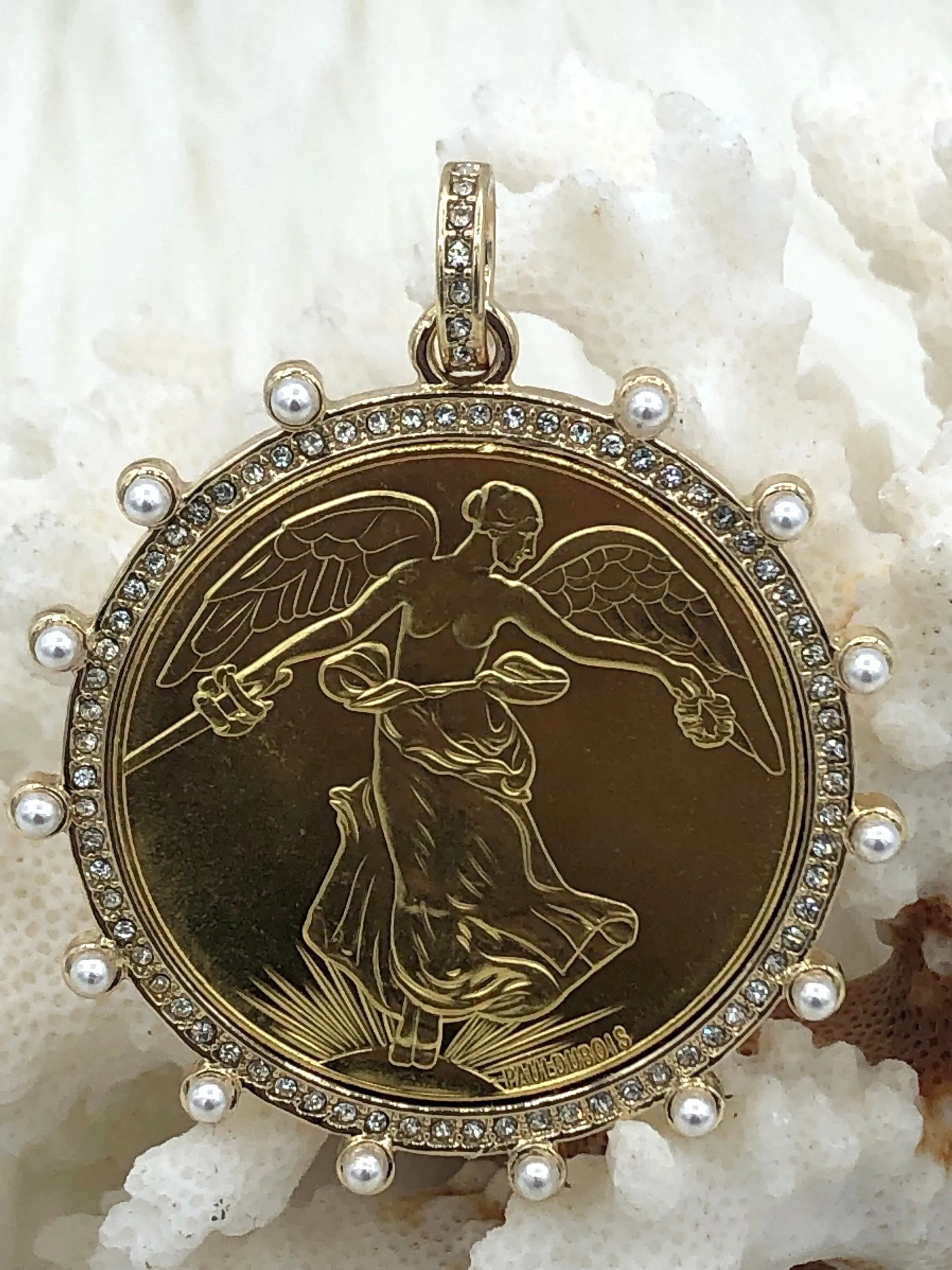 Reproduction French Commemorative Medal Coin Pendant, French coin, Art Deco Coin, Antique Coin Bezel W/Pearl & CZ 2 Styles. Fast Ship