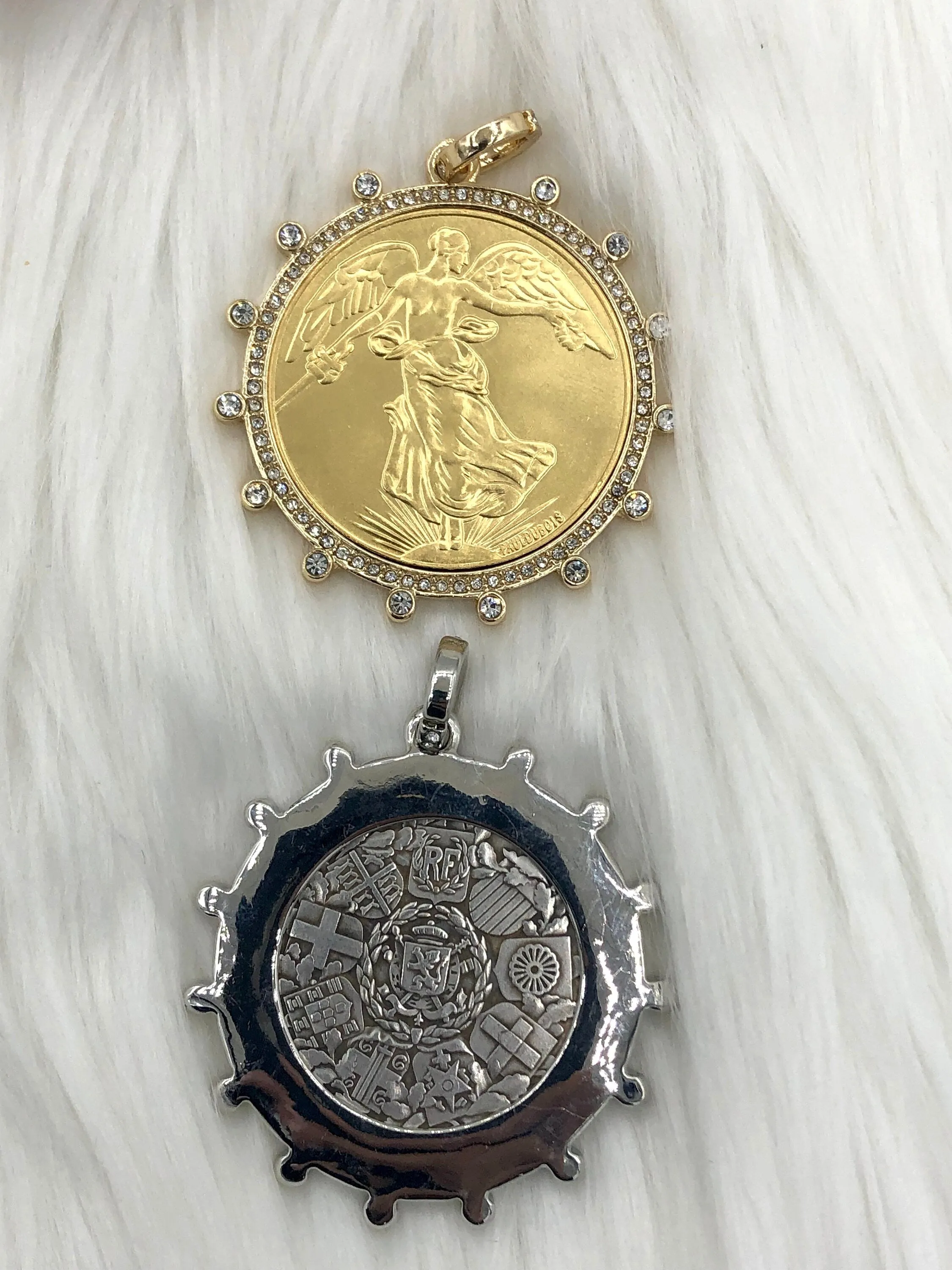 Reproduction French Commemorative Medal Coin Pendant, French coin, Art Deco Coin, Antique Coin Bezel W/Pearl & CZ 2 Styles. Fast Ship